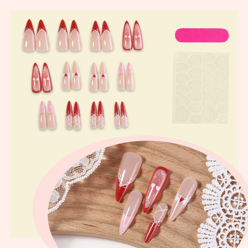 Decorative Press-On Nail Set with Heart and Ribbon Designs kalsten