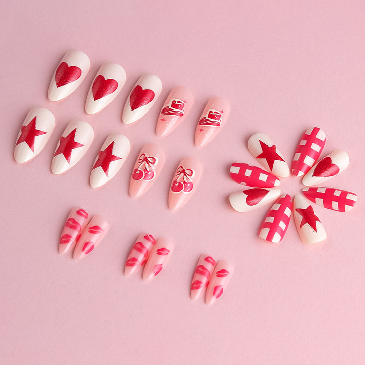 Artistic Press-On Nail Art Set with Heart and Star Designs Kalsten