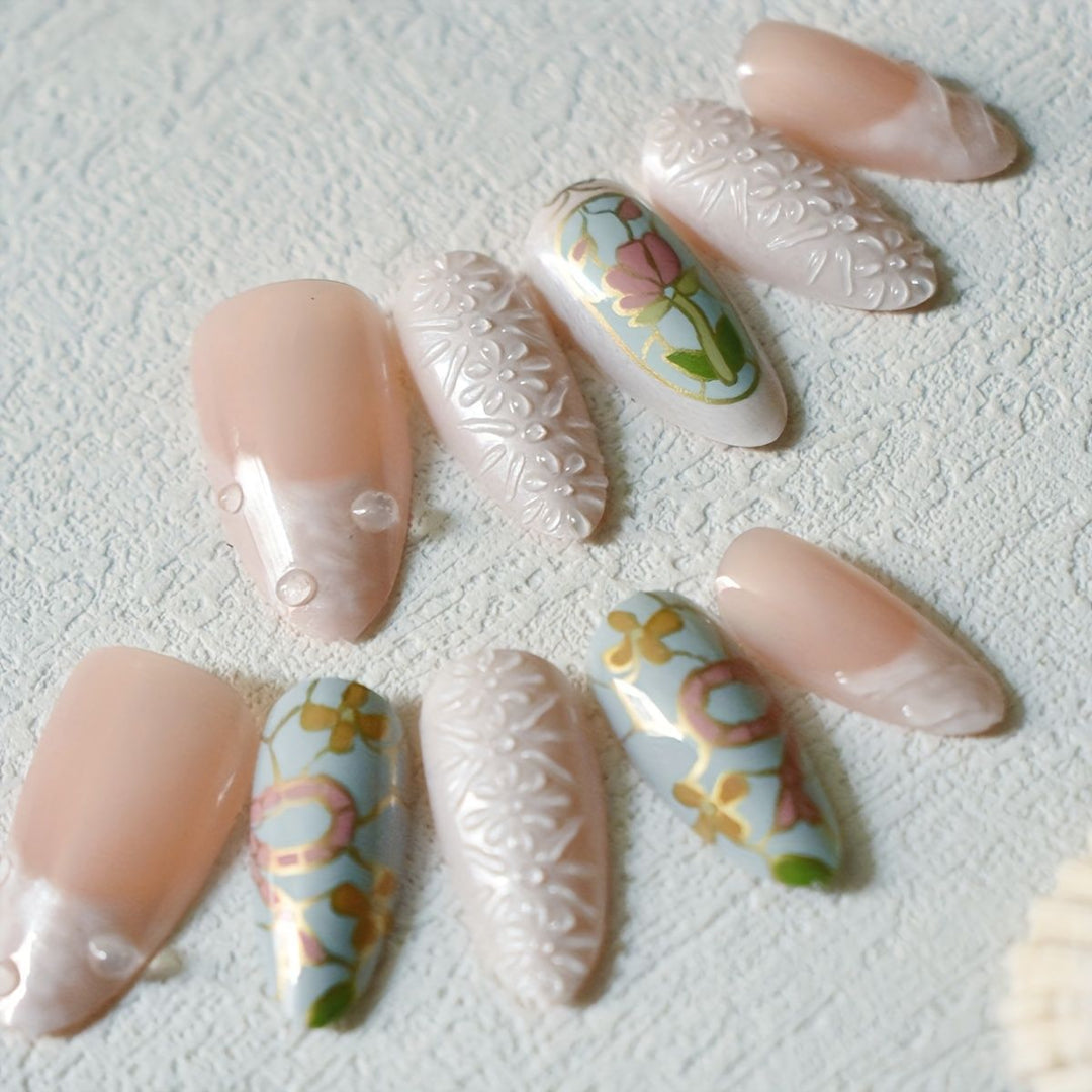 Artistic Floral and Gemstone Press-On Nail Set Kalsten