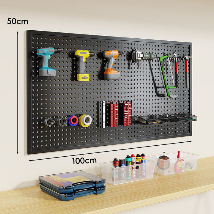 Wall-Mounted Perforated Metal Tool Pegboard Organizer Panel with Modular Hooks and Wire Baskets