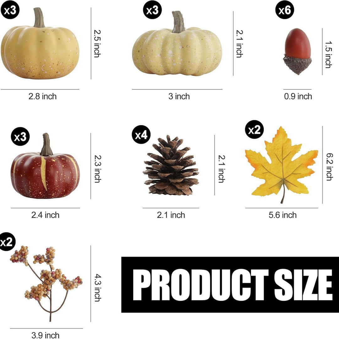 Autumn decorative set made of realistic artificial pumpkins, pine cones, acorns, and maple leaves