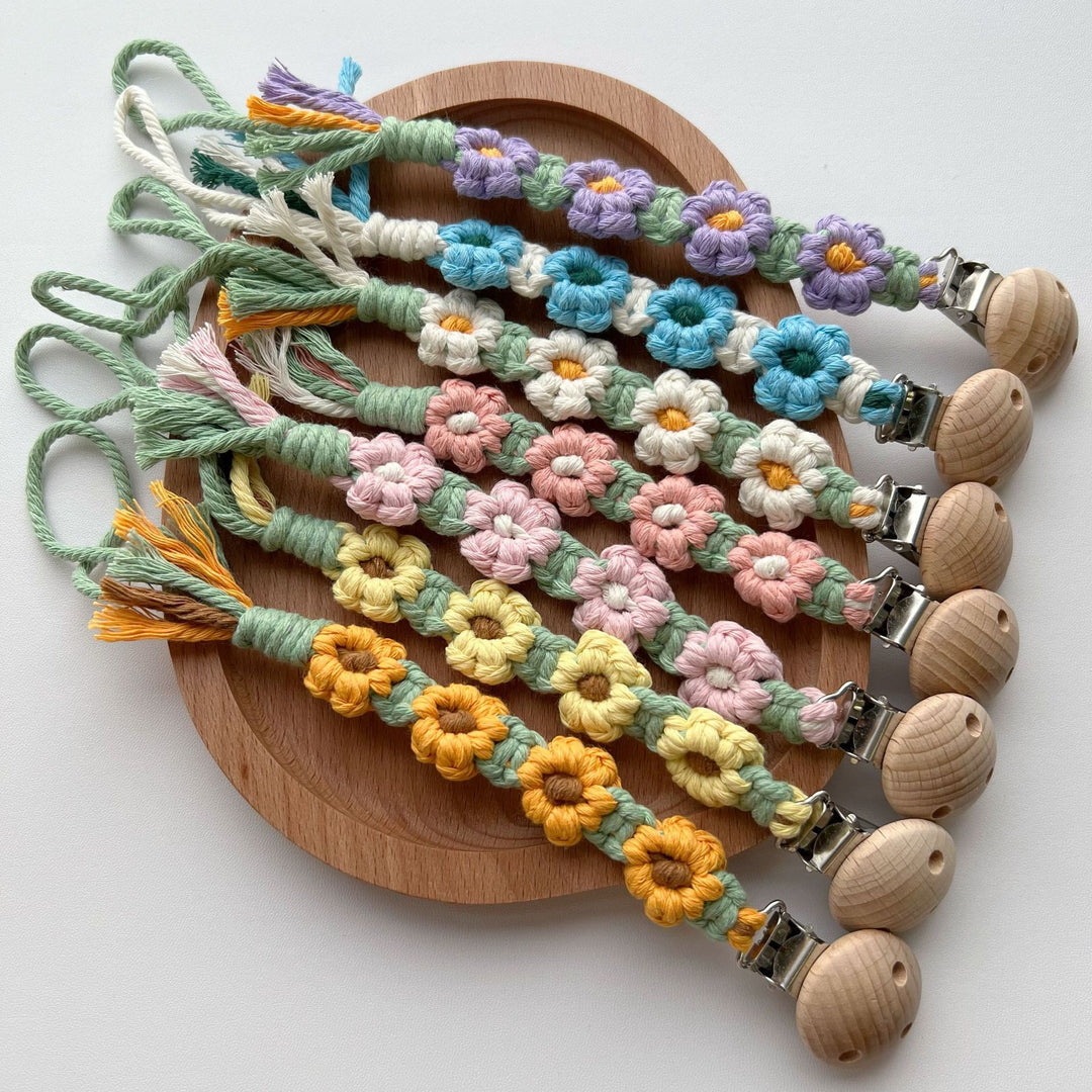 Macramé Flower Pacifier Clip with Wooden Safety Clamp