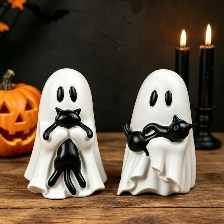 Sculptural decorative figure ghost with cat relief for shelf and sideboard