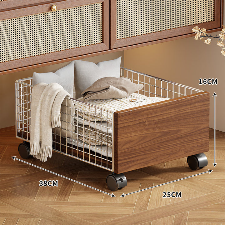 Low-Profile Rolling Underbed Storage Drawer with Metal Grid and Wood Panel
