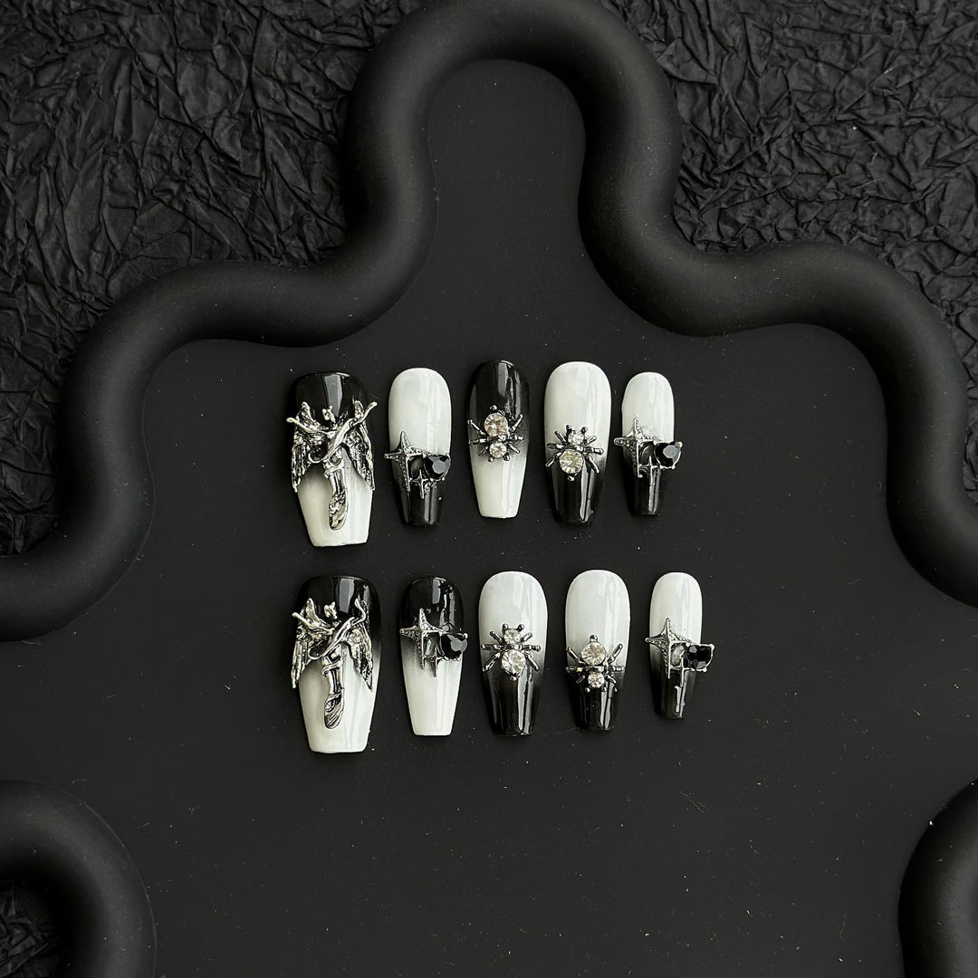 Artistic Press-On Nail Art Set with Gothic Charm