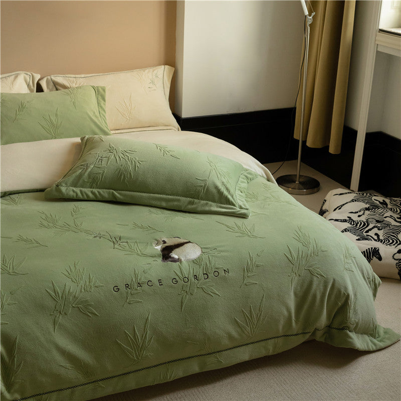 Cotton duvet cover set with relief bamboo and panda tufting