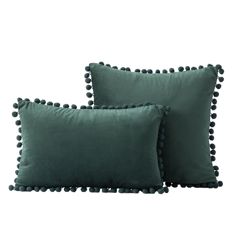 Velvet Pom-Pom Fringe Square and Lumbar Decorative Throw Pillow Set