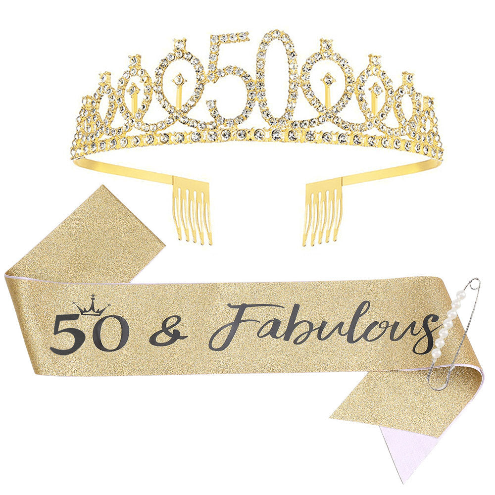 Women Crystal-Embellished Birthday Crown with Personalized Sash Kalsten