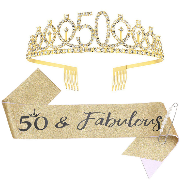 Women Crystal-Embellished Birthday Crown with Personalized Sash Kalsten