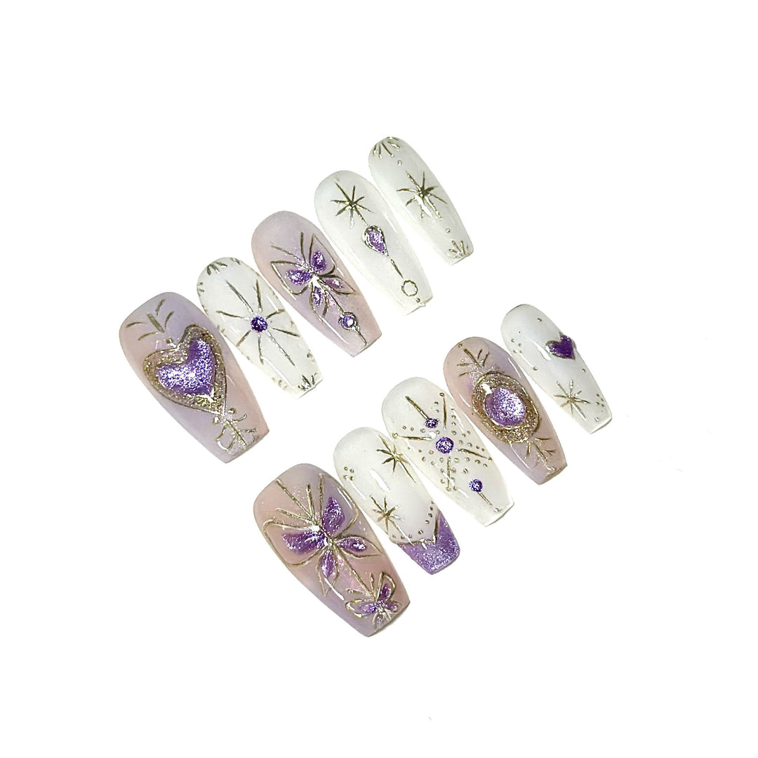 Artistic Press-On Nail Art Set with Elegant Gem Accents
