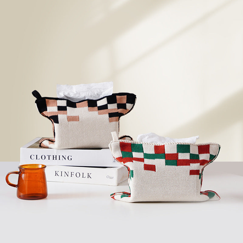 Knitted tissue box cover with geometric jacquard pattern and zipper Kalsten