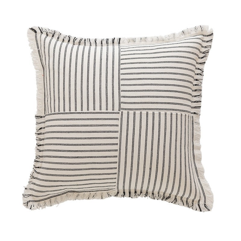 Striped Coastal-Inspired Cotton Square Pillow Cover with Fringed Edge and Concealed Zip