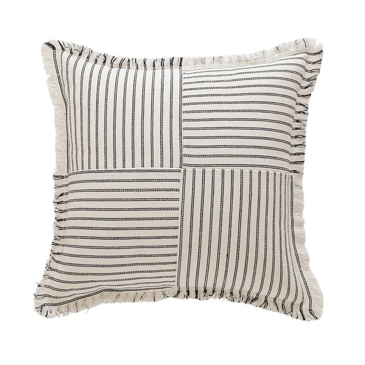 Striped Coastal-Inspired Cotton Square Pillow Cover with Fringed Edge and Concealed Zip