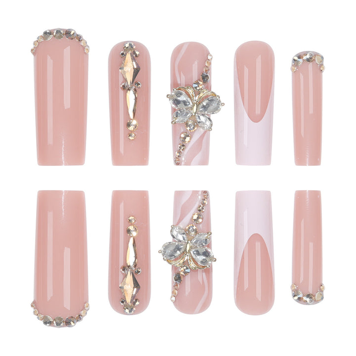 Elegant Long Press-On Nail Set with Decorative Gem and Floral Accents Kalsten