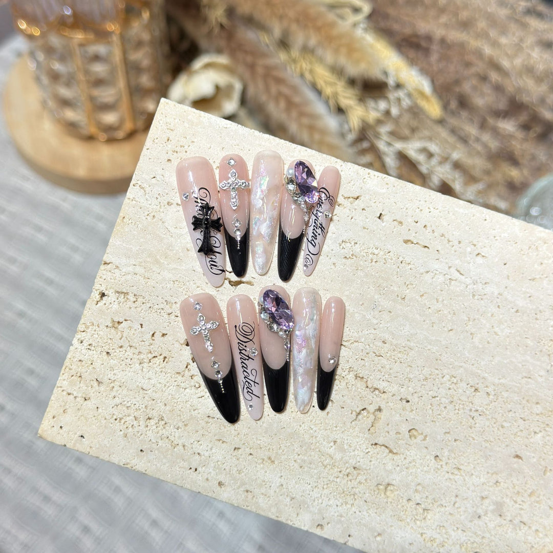 Artistic Stiletto Press-On Nail Art Set with Elegant Decorative Elements Kalsten