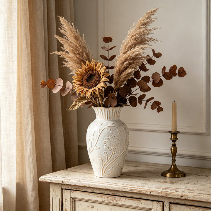 Decorative Engraved Flower Pattern Ceramic Bud Vase with Scalloped Edge