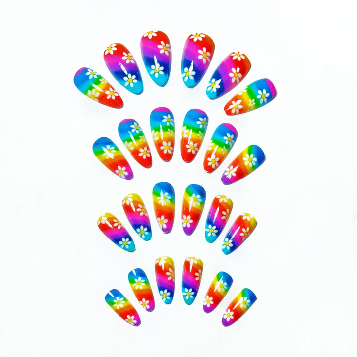 Creative Nail Art with Colorful Rainbow Design and Playful Flower Motifs Kalsten