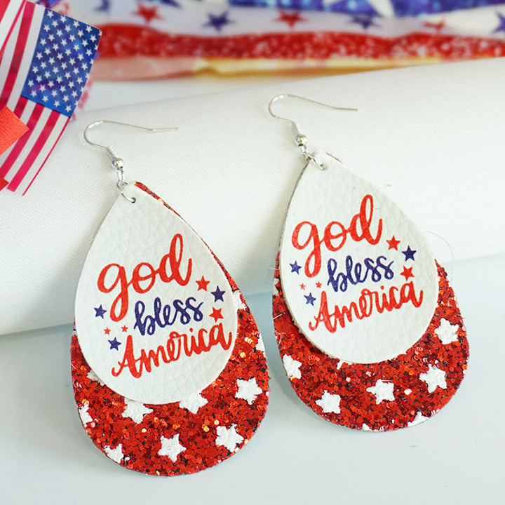 Women's patriotic drop earrings made of faux leather with glitter stars and the inscription Kalsten