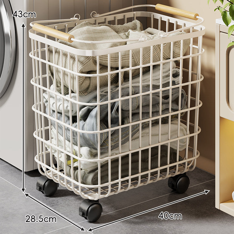Ventilated Square Wire Laundry Cart with Wood-Grip Handles and Locking Casters