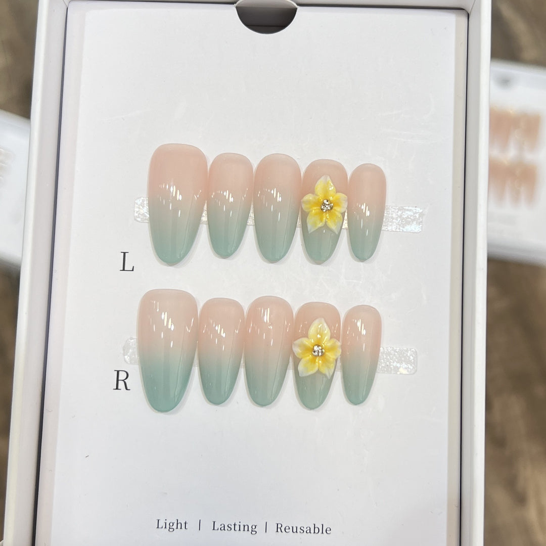 Elegant Ombre Press-On Nail Set with Floral Accents Kalsten