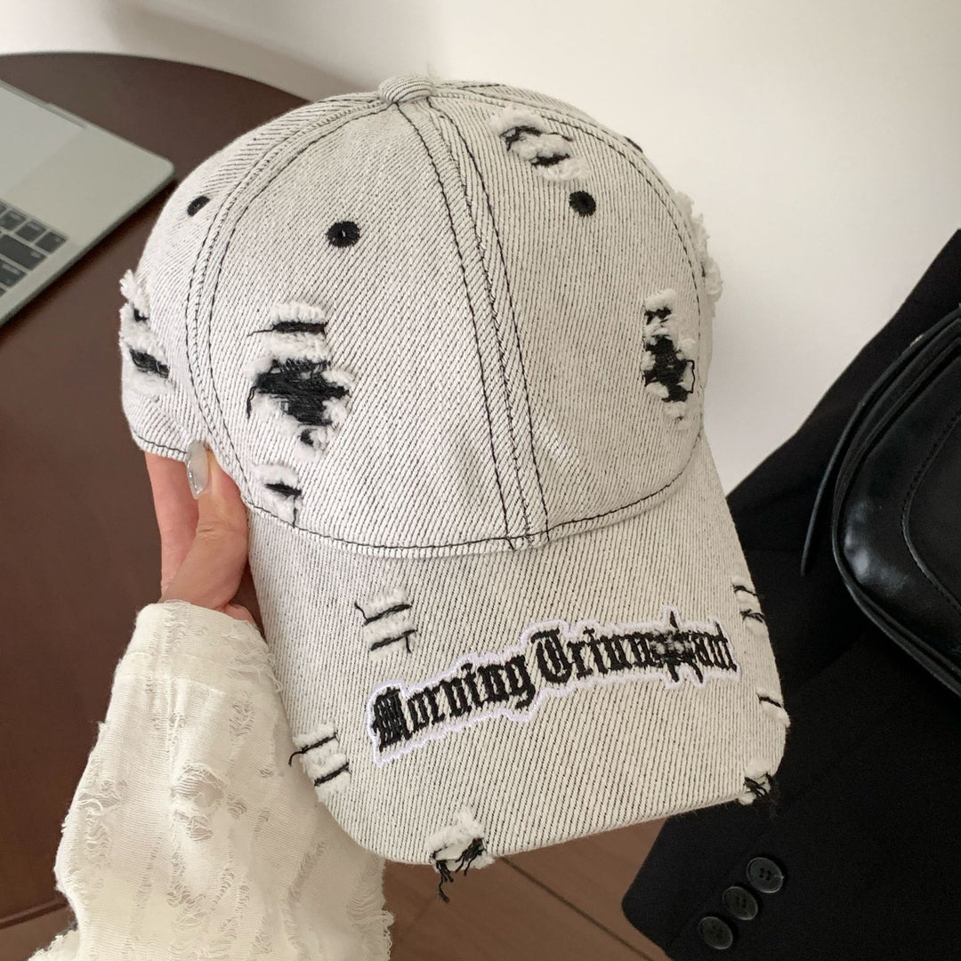Distressed Denim Baseball Cap with Embroidered Detail