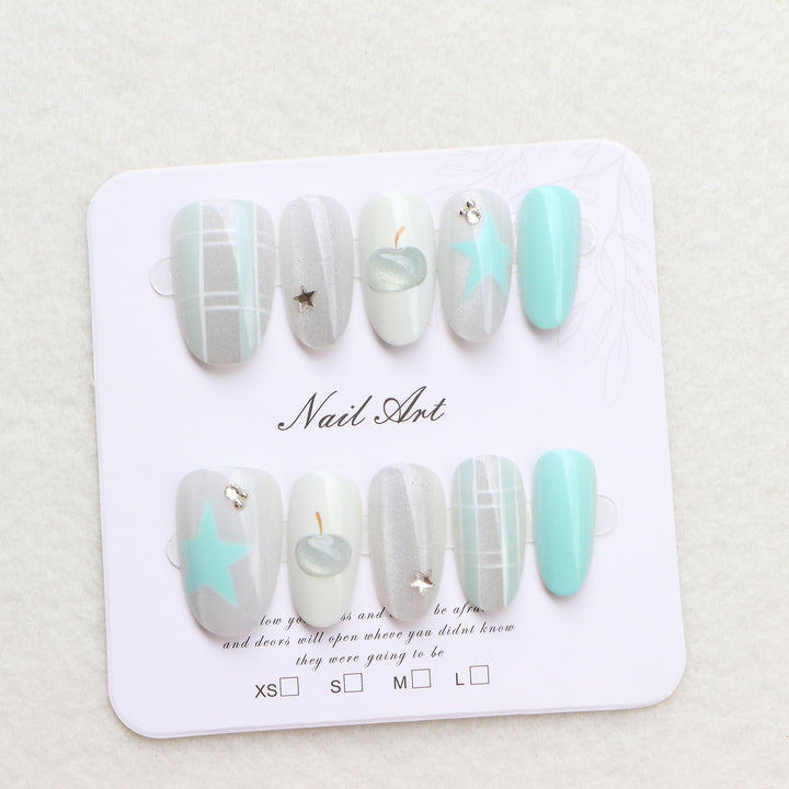 Artistic Press-On Nail Set with Star and Apple Designs Kalsten