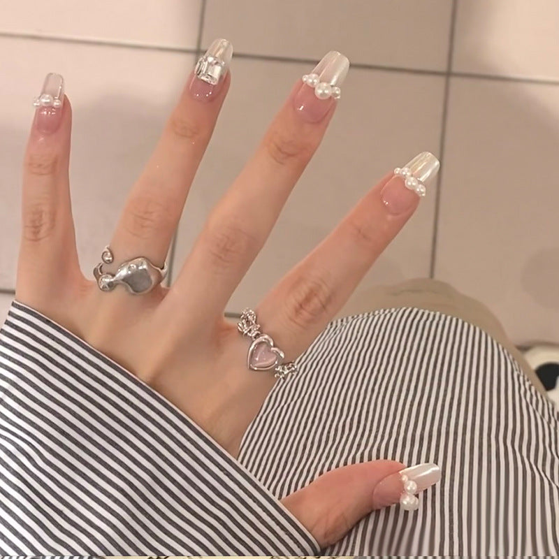 Elegant Press-On Nail Art with Pearl and Rhinestone Accents Kalsten