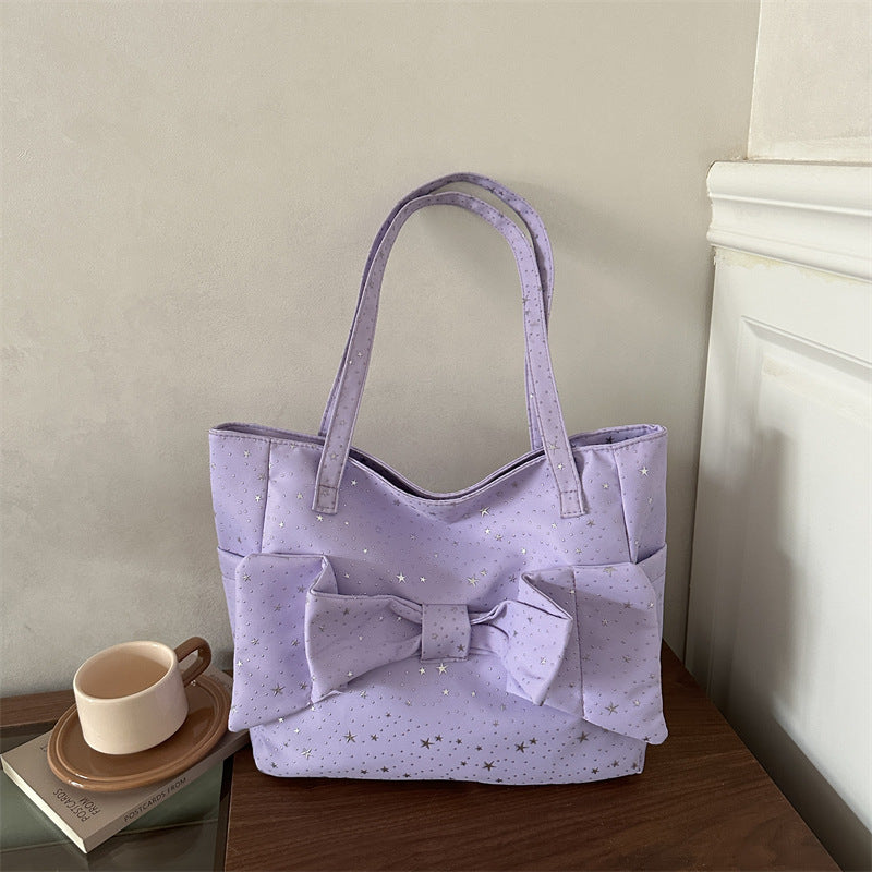 Bow-Embellished Star-Pattern Tote Bag