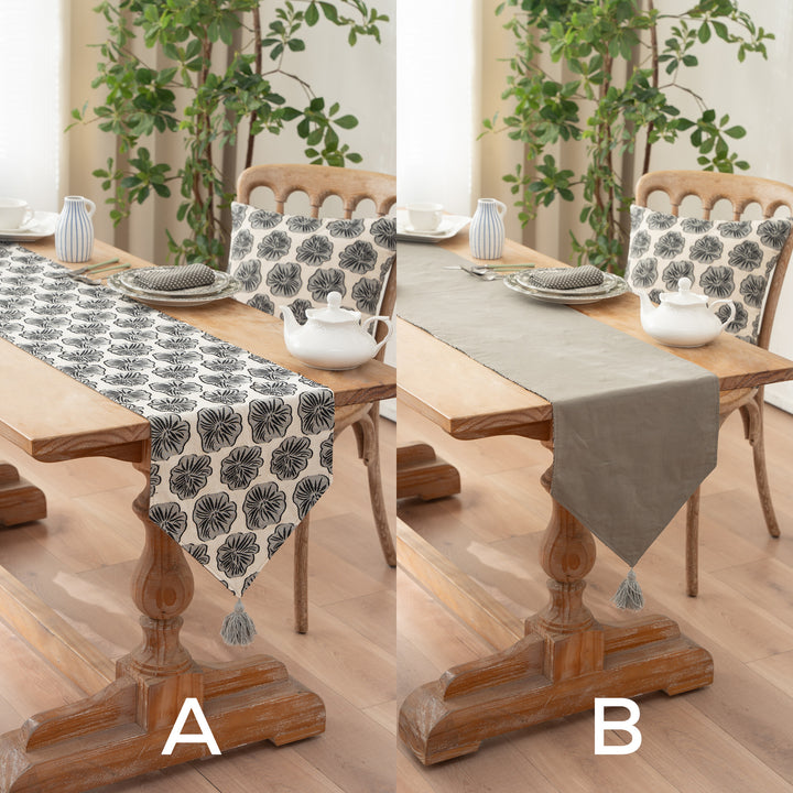Woven double-sided linen table runner with tassels and hand-drawn swallow print Kalsten