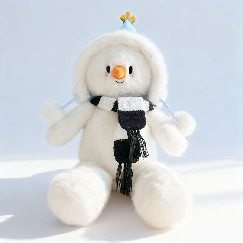 Plush Snowman Sitting Cuddle Toy with Knitted Stripe Scarf & Faux-Fur Aviator Hat Kalsten