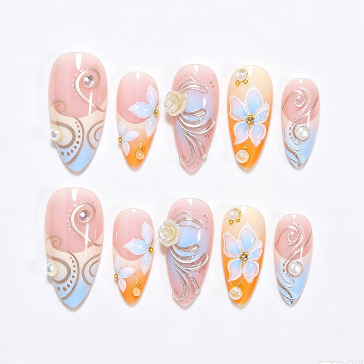 Floral Embellished Stiletto Nail Art Kalsten