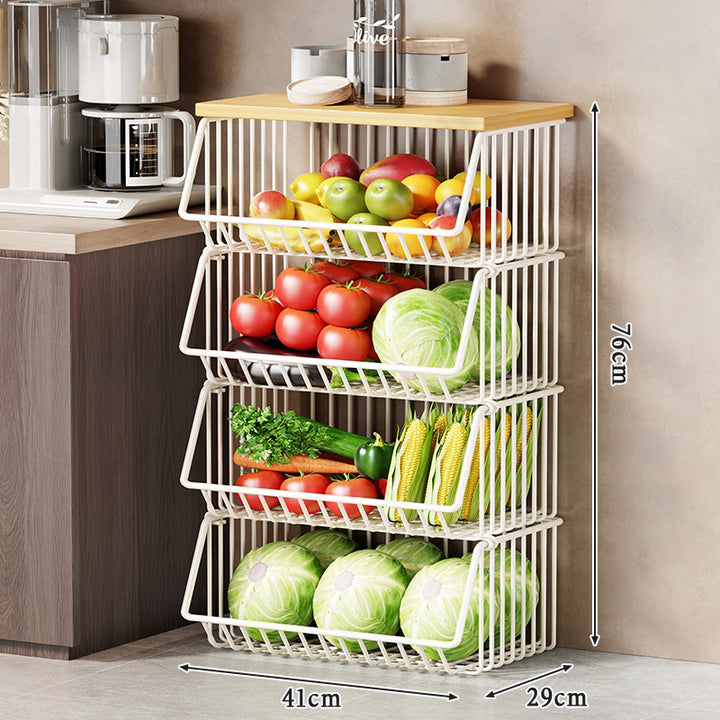 Slim Vertical Rolling Wire Produce and Pantry Organizer Cart with Wood Top