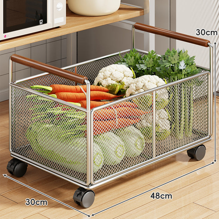 Rolling Mesh Kitchen Storage Cart with Wooden Handles