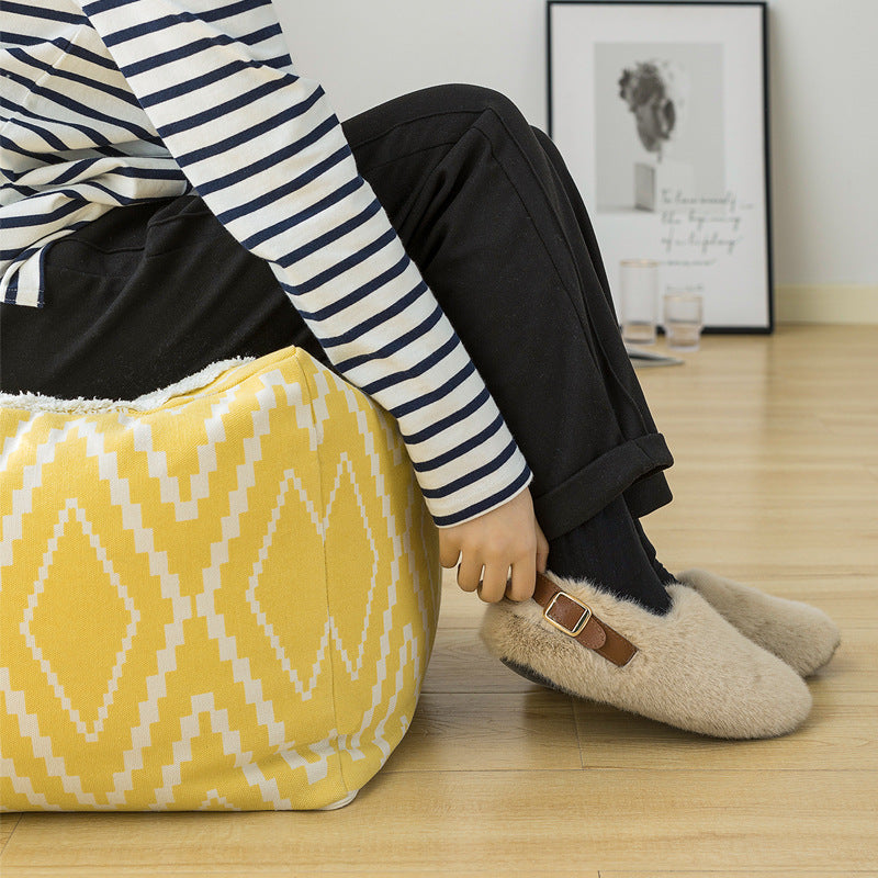 Cubical seat pouf made of woven cotton blend with ethnic diamond pattern Kalsten
