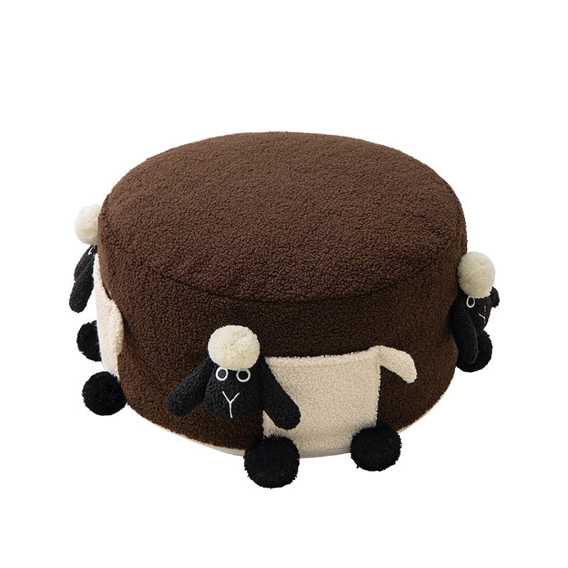 Round plush seat pouf with cute sheep appliqués and teddy fleece Kalsten