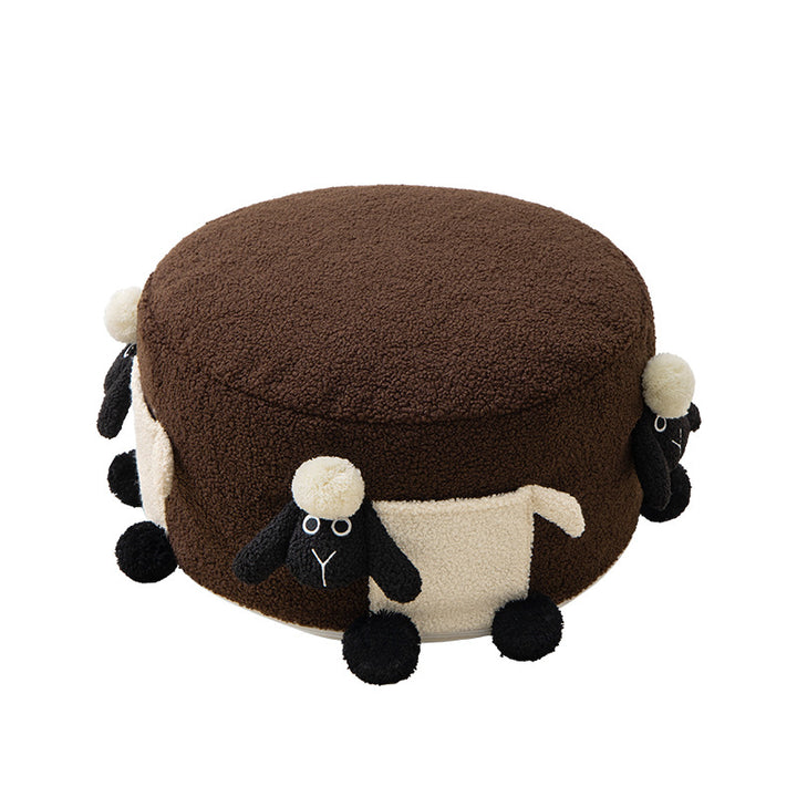 Round plush seat pouf with cute sheep appliqués and teddy fleece Kalsten
