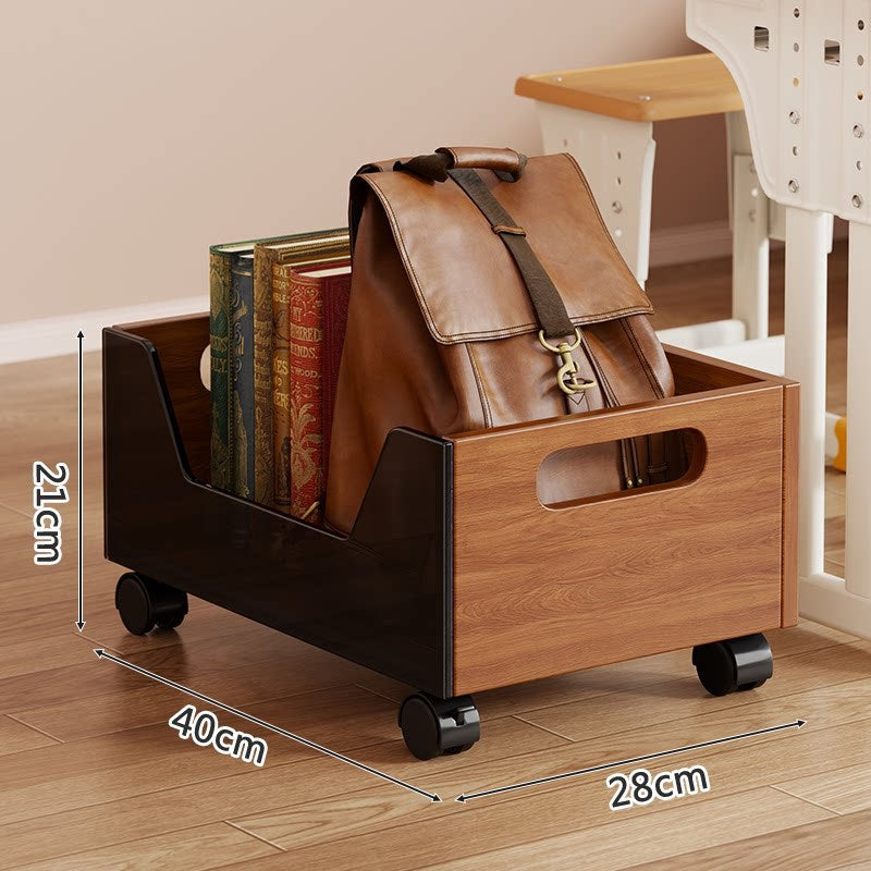Portable Wooden Floor Storage Bin with Cutout Handles and Open-Front Book & Backpack Organizer