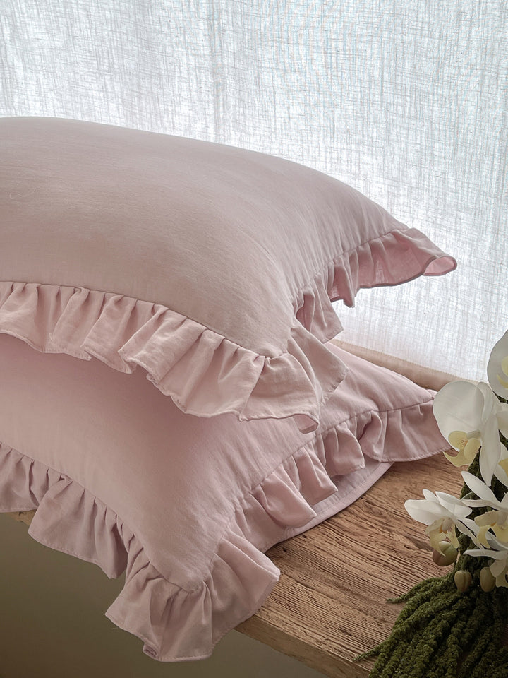 Ruffled Linen Pillowcase Set with Soft Washed Linen Texture