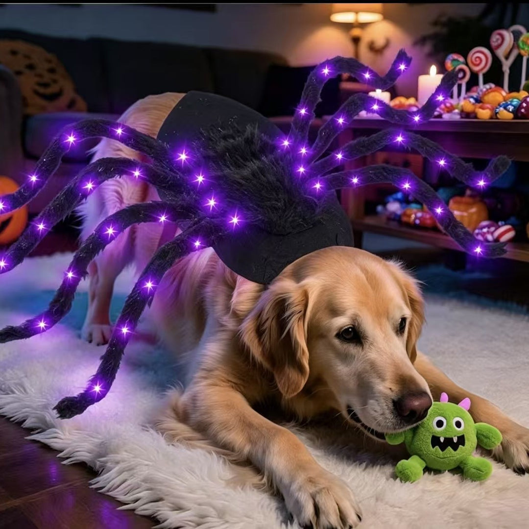Adjustable pet spider costume with eight plush legs and velcro