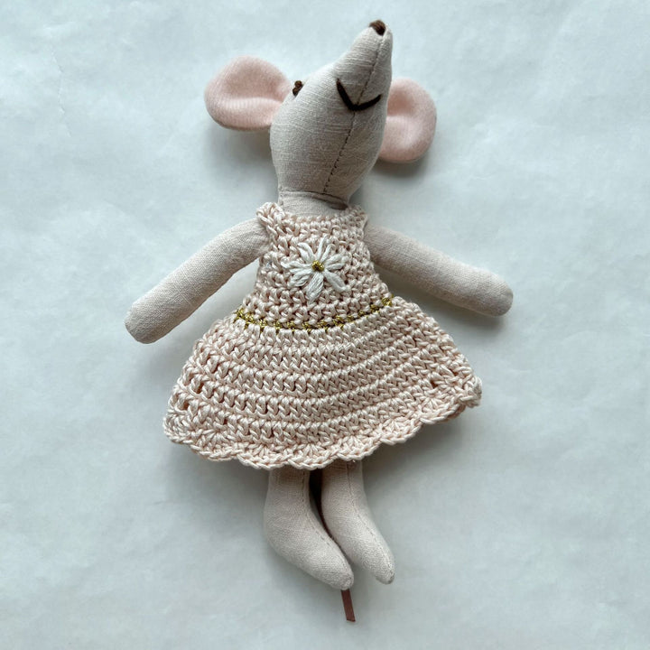 Handcrafted Linen Cotton Mouse Doll with Crochet Dress and Embroidered Flower