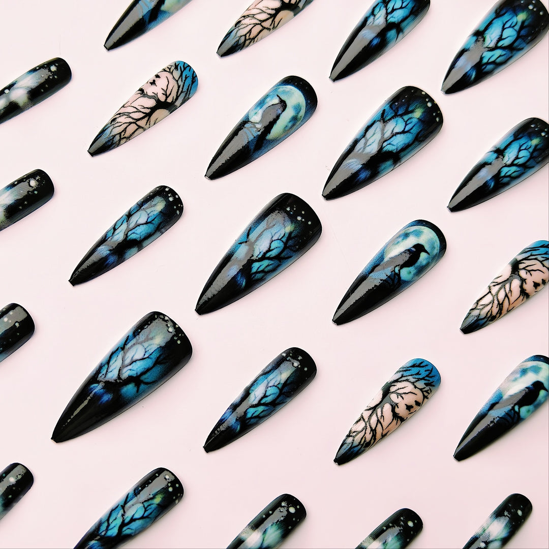 Creative artificial nails with mystical moon and crow design Kalsten