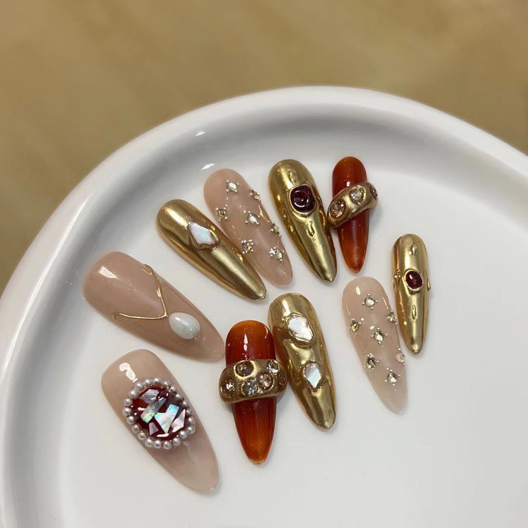 Artistic Press-On Nail Set with Luxury Gemstone Accents Kalsten