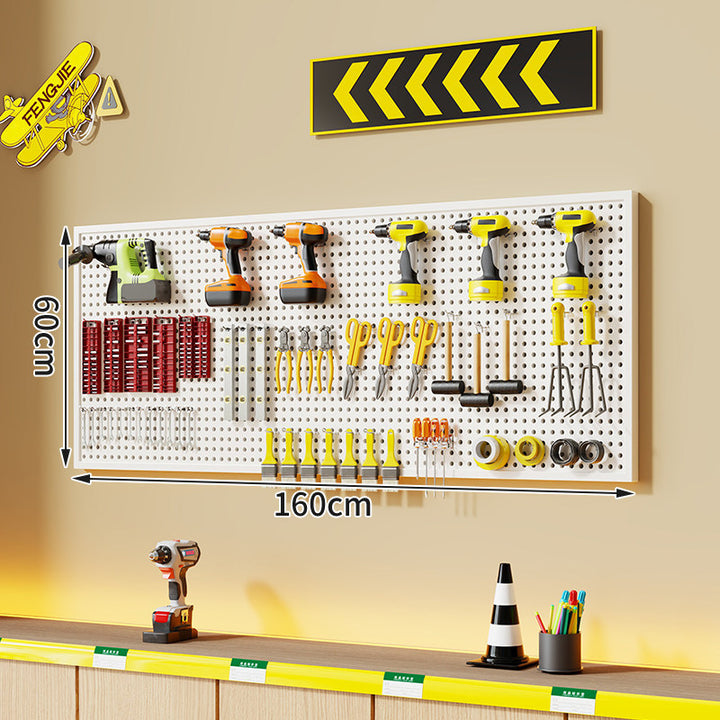 Wall-Mounted Perforated Metal Tool Pegboard Organizer with Magnetic Strip and Multi Hooks