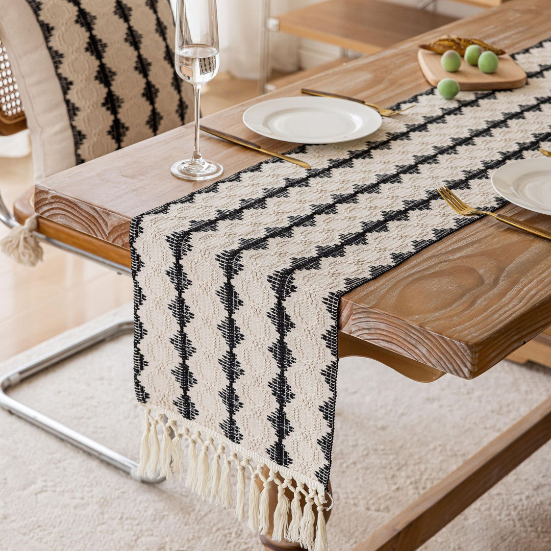 Handwoven Bohemian Cotton Table Runner with Fringe Tassels and Geometric Embroidery