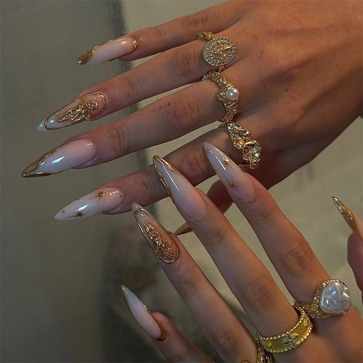 Elegant Press-On Nail Art Set with Gold Accents Kalsten