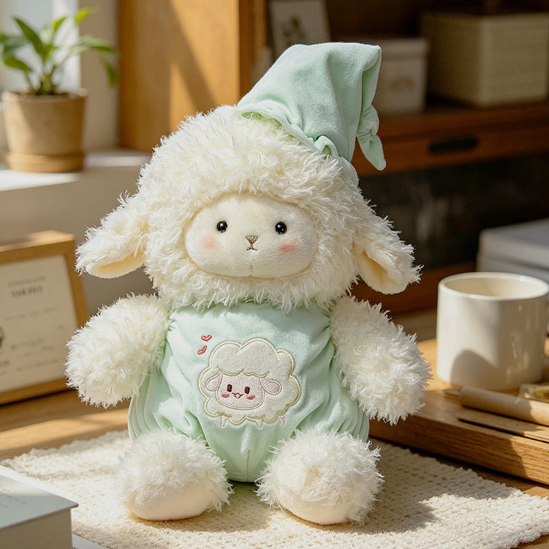 Plush Lamb Cuddly Stuffed Toy with Embroidered Romper and Sleep Hat Kalsten