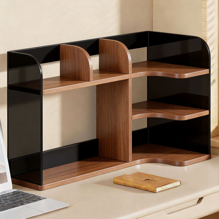 Multi-Compartment Desktop Shelf Organizer with Raised Back and Open Cubbies