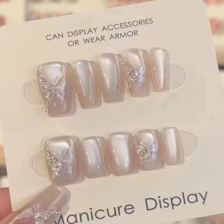 Stylish Press-On Nail Art Set with Elegant Butterfly and Gem Accents Kalsten