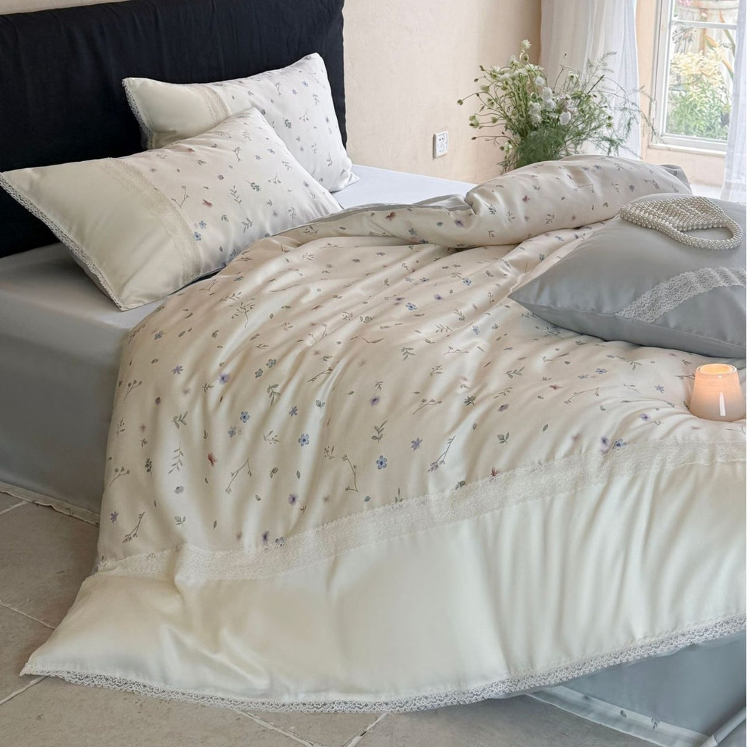 Finest cotton satin bedding set with delicate floral embroidery and lace border Kalsten