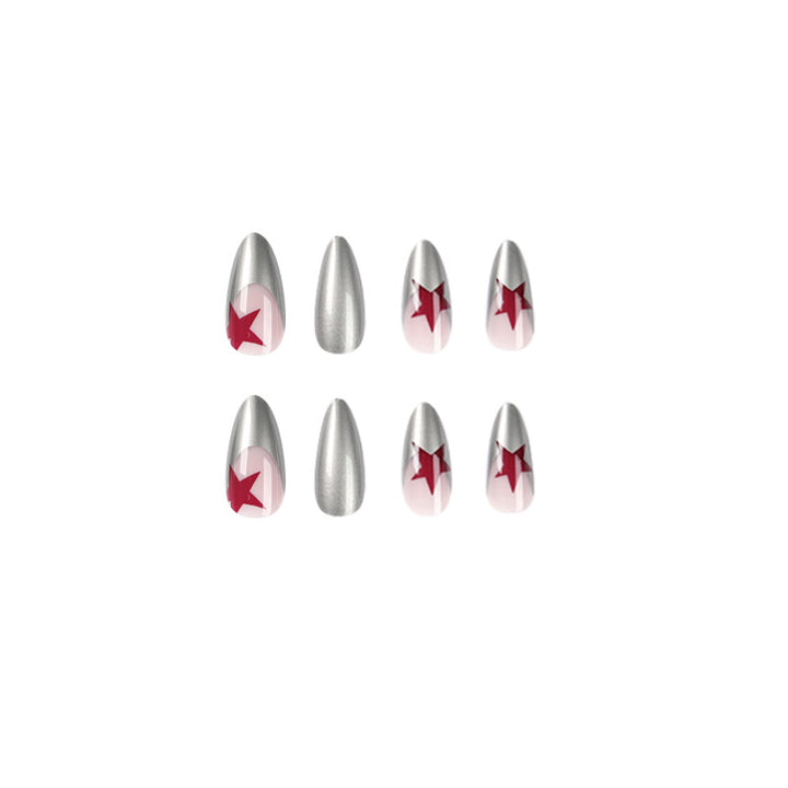 Artful stiletto nails with silver and star motifs Kalsten
